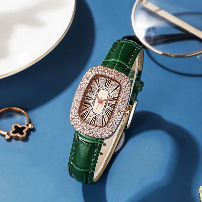 Hot Luxury Shiny Sky Diamond Ladies Quartz Watch Leather Women Watches & 4pcs Fashion Jewelry Set Necklace Earring
