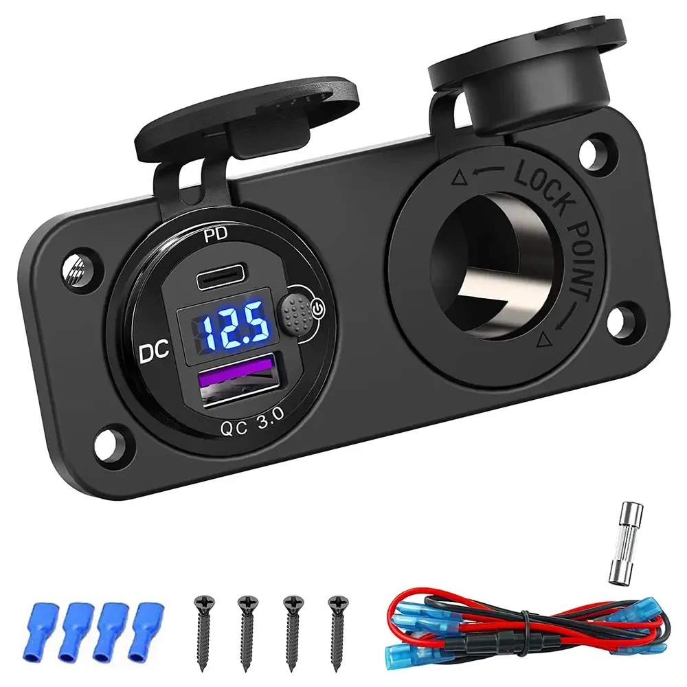 cigarette lighter socket 12v 20W PD USB C and QC3.0 Aluminum housing with Power Switch LED Voltmeter for Car Marine Boat RV