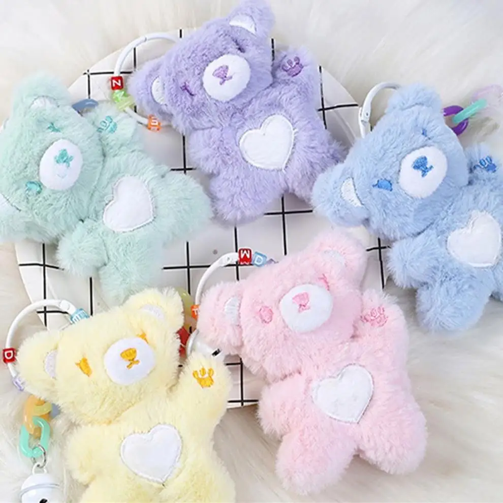 Cartoon Cute teddy bear plush keychain tos Small Pendant Children Xmas Gift Girl Heart Bag Ornament Charm KeyRing with Bell