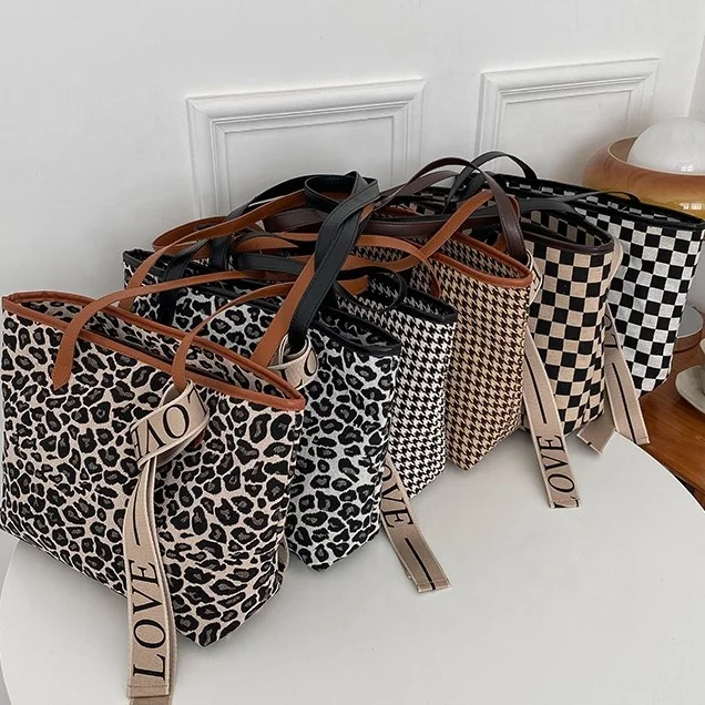 Minimum 1 Pcs Checkered Houndstooth Leopard Large Size Ladies Tote Crossbody Bag
