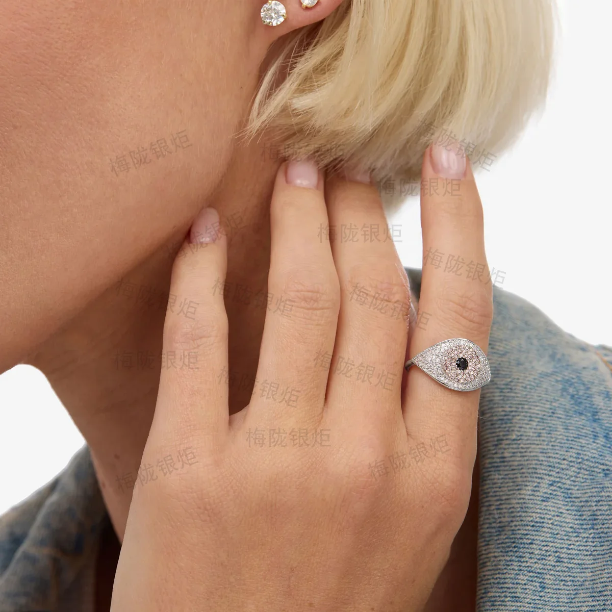 LOZRUNVE Turkish Jewelry Custom Silver 925 Chic Style Hip Hop Pave CZ Stone Big Evil Eye Ring