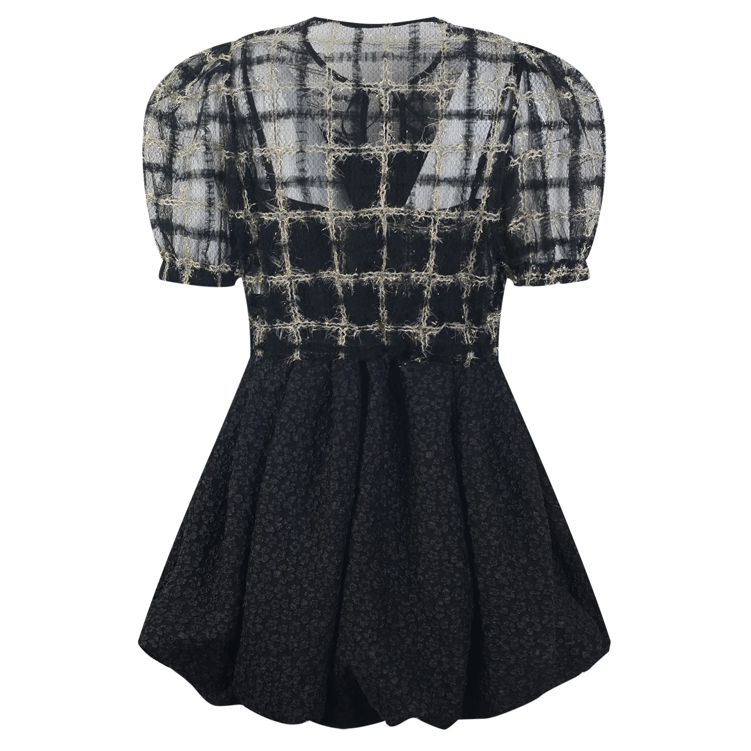 Summer Dresses Jacquard Sling Dress Puff Sleeve Two Piece Set Mini Black Loose Clothing