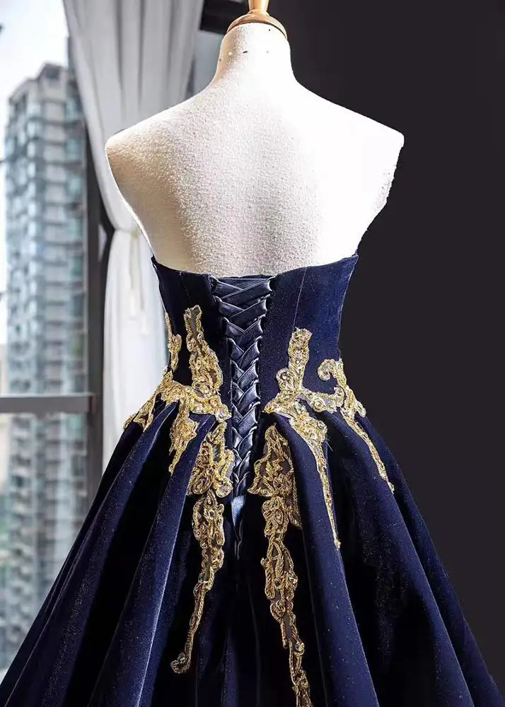 Real luxury high quality gold applique with belt empire waist hot selling evening dresses