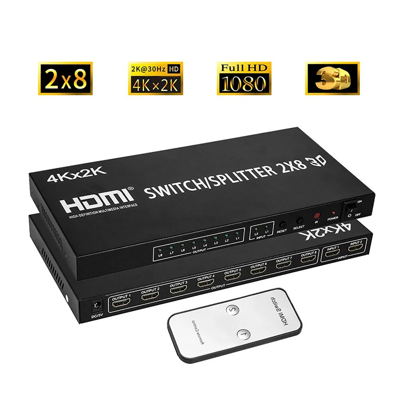 4K x 2K HD 1080P HDMIcompatible 2x8 HDMI сплиттер переключатель 2 Вход 8 Выход в 3D с пультом дистанционного