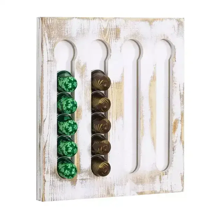 24 Capacity Whitewashed Wood Coffee Pod K Cup Organizer Hanging Wooden Coffee Capsule Holder