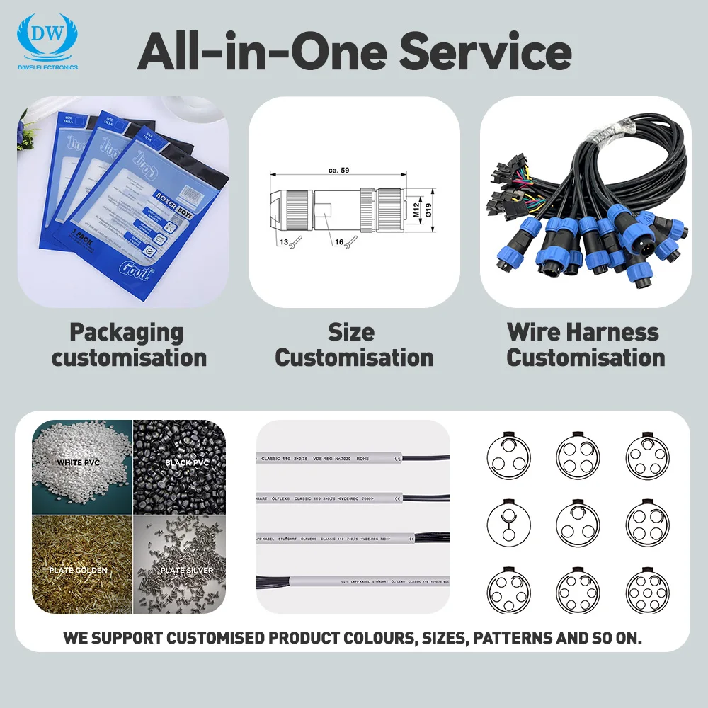Factory M12 Solder Plastic Straight Angled Assembled Connectors 2 3 4 5 6 8 12 17Pins A B D Male Female PG7 PG9 Metal Connectors