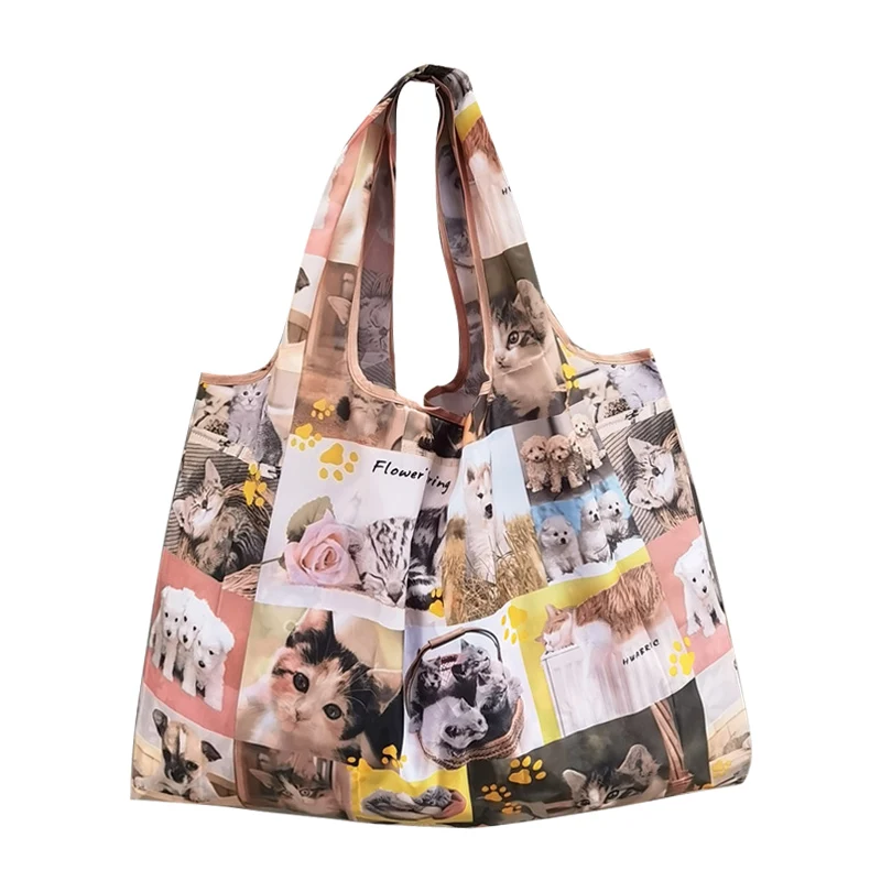 Cartoon Reusable Rpet Polyester Grocery Bag Custom Printed Logo 210D Oxford Cloth Folding Shopping Tote Bag