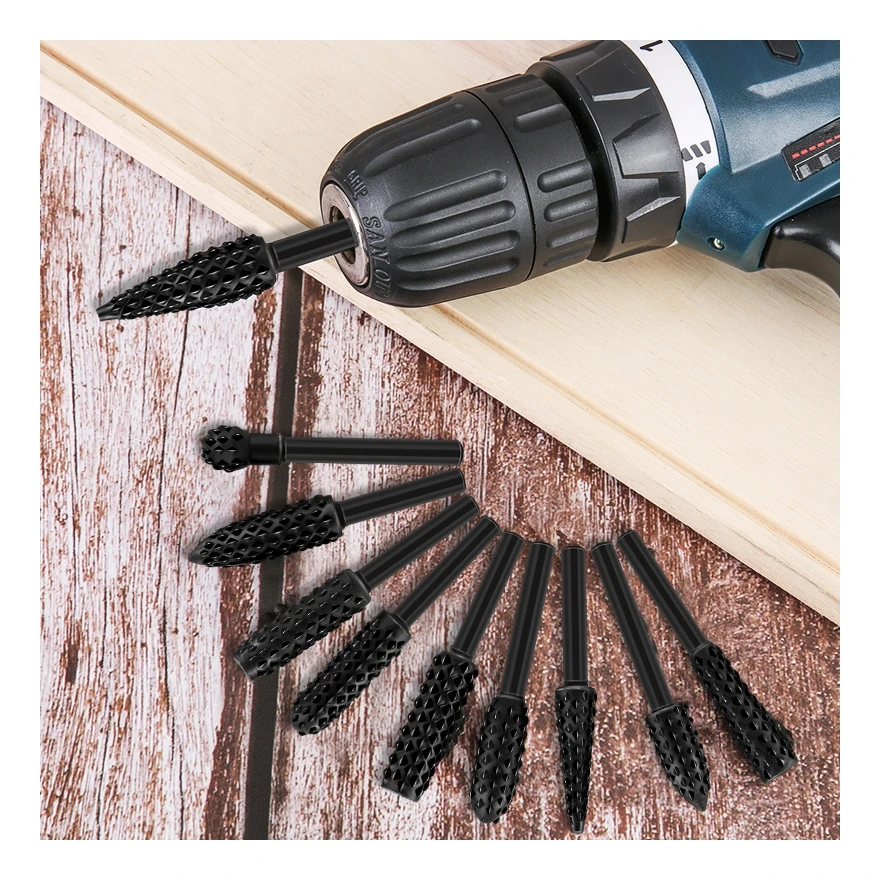 10pcs Set Woodworking Rotary Burr Set Carving Knife Burr File Rasp Drill Bit For Wood Carving Heavy Duty Tool