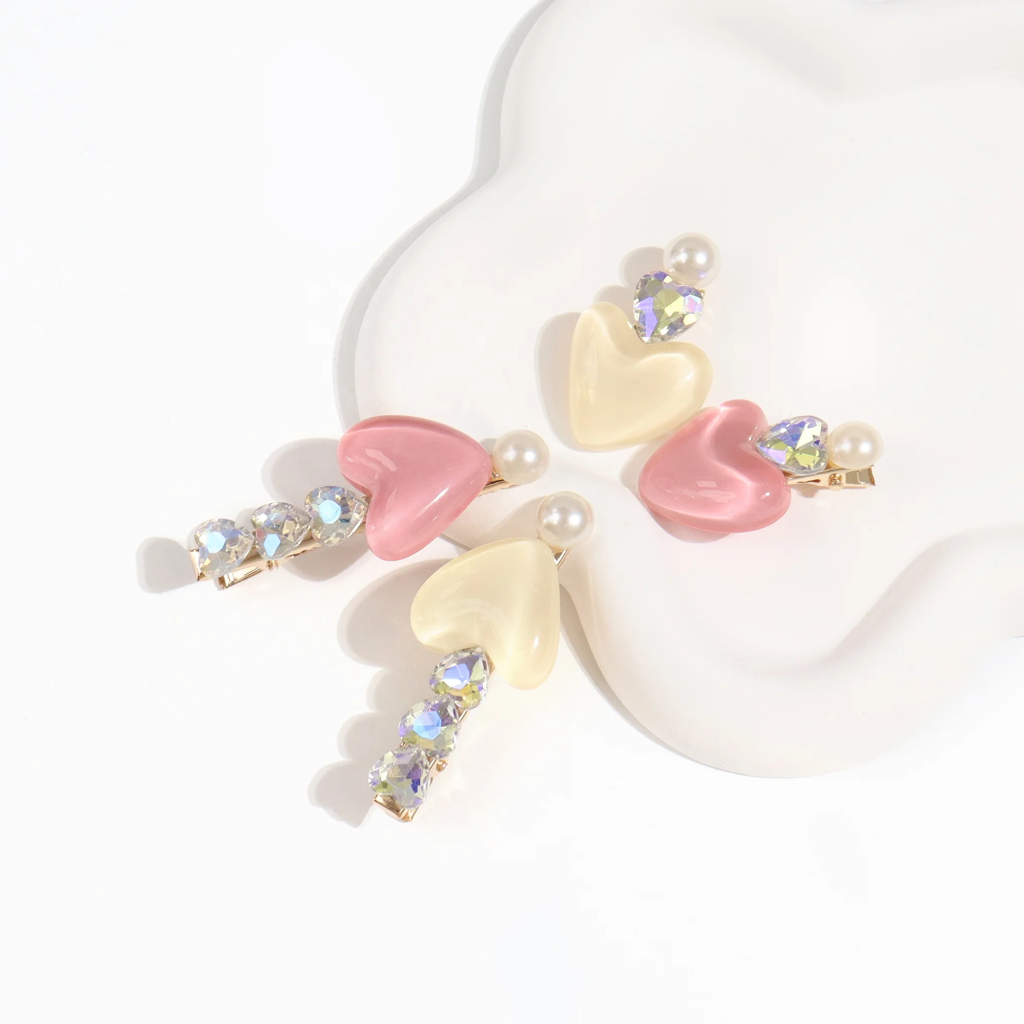 B.PHNE bangs One word clip Pearl glitter hairpins sweet white heart alligator hair clips 2pcs set for women girls