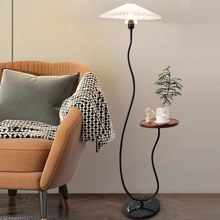 Led Decorative Black Standing Floor Light With Table Marble Base Iron Fabric Shade Dimmable Morden Floor Lamp For Living Room