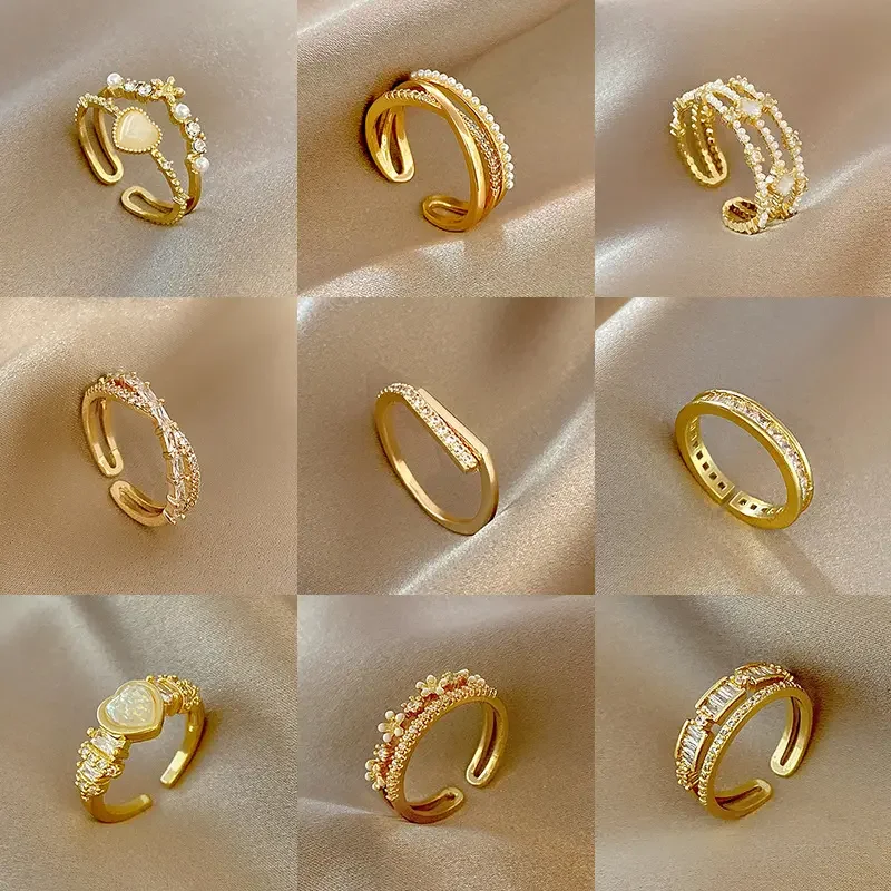 Fashion Hollow out Multilayer Ring Zircon Love Pearl Gold Ring Simple Adjustable Opening Jewelry Accessories Gift
