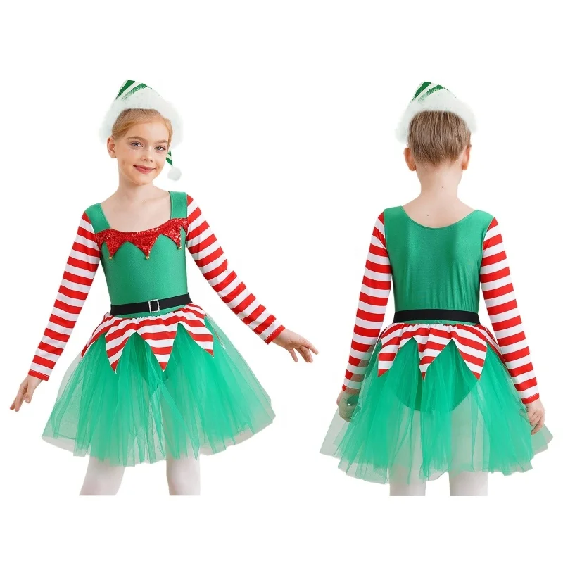 4-16 Kids Girls Christmas Elf Cosplay Costume Tutu Leotard Dress With Hat Set For Christmas Theme Party Cosplay Role Play Dress
