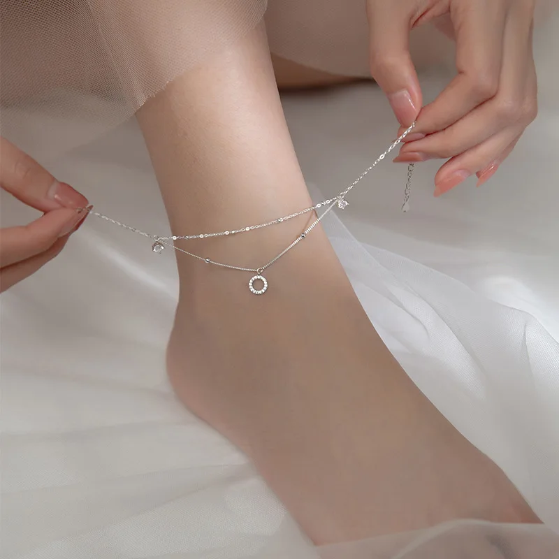 925 Real Sterling Silver Cubic Zirconia Anklet Bracelet 18K Gold Plated Chain Round Pendant Anklets Foot Jewelry for Women