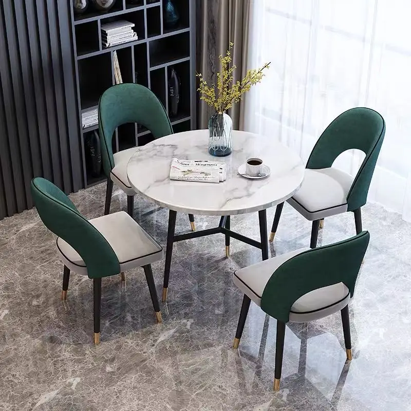 Modern Italian  marble top round rotating dining table with wood leg