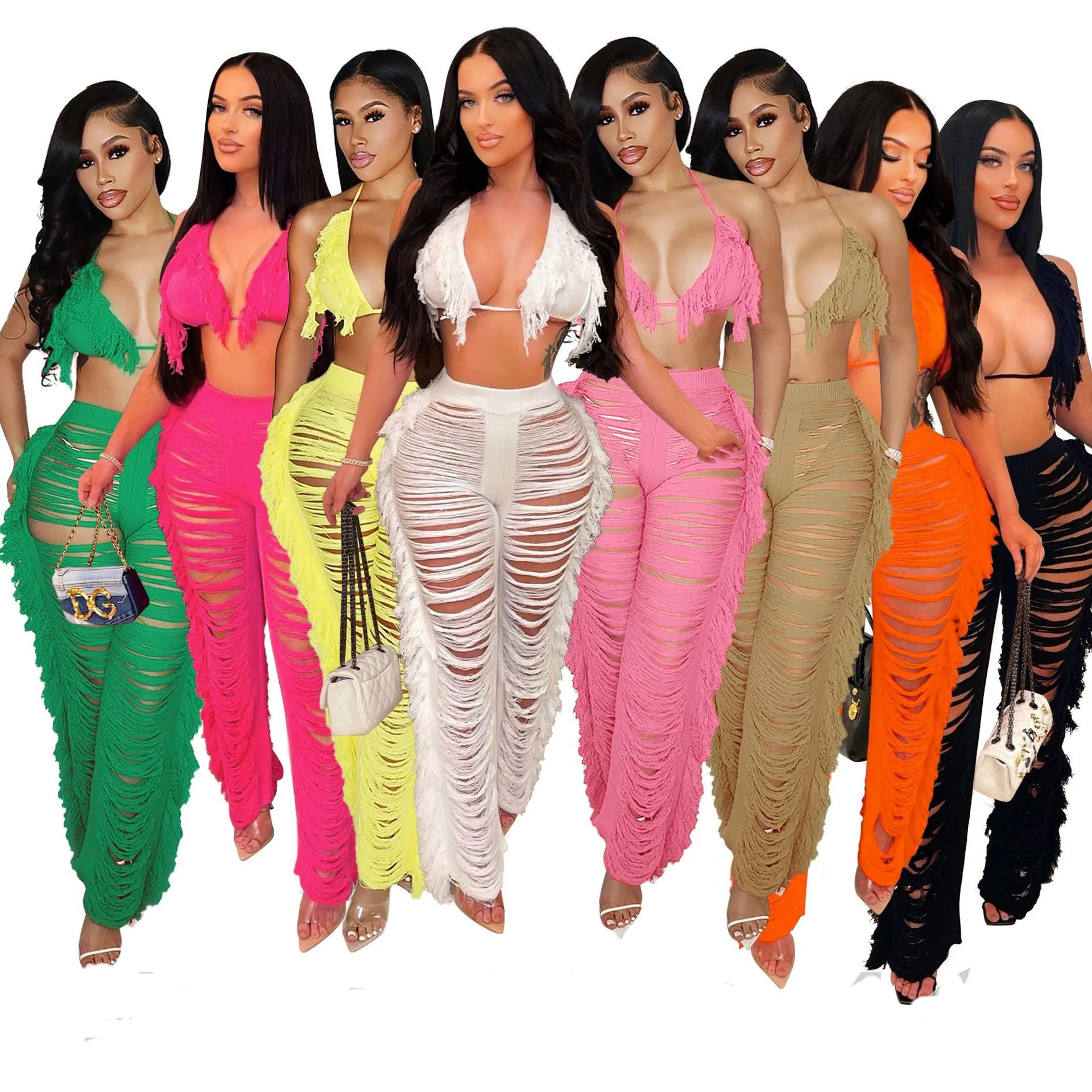 Women Summer Crop Top Bra Beach Wear Two Piece Pant Sets See Through Sexy Hollow Out Mesh Tassel Crochet Swimwear & Beachwear