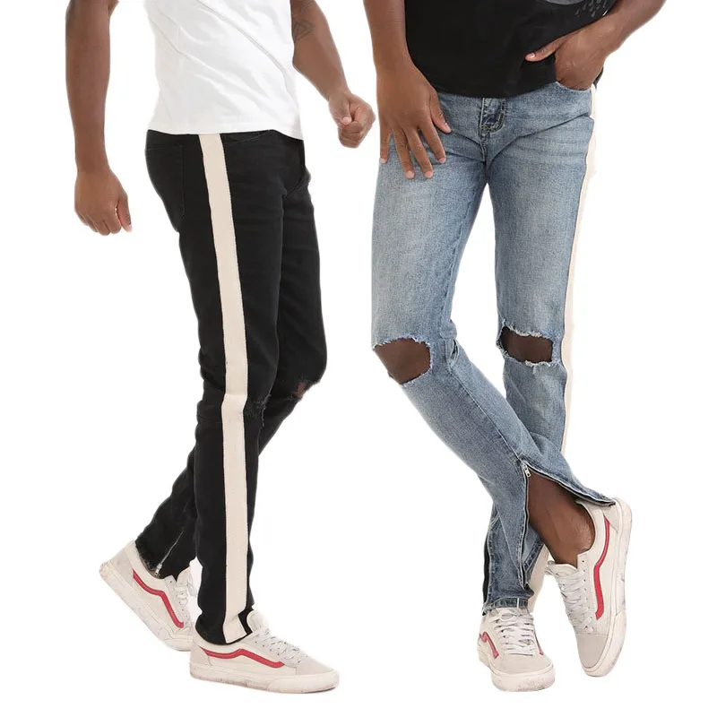 
Wholesale Fashion Men Ripped Denim Slim Fit Side Stripe Jeans 