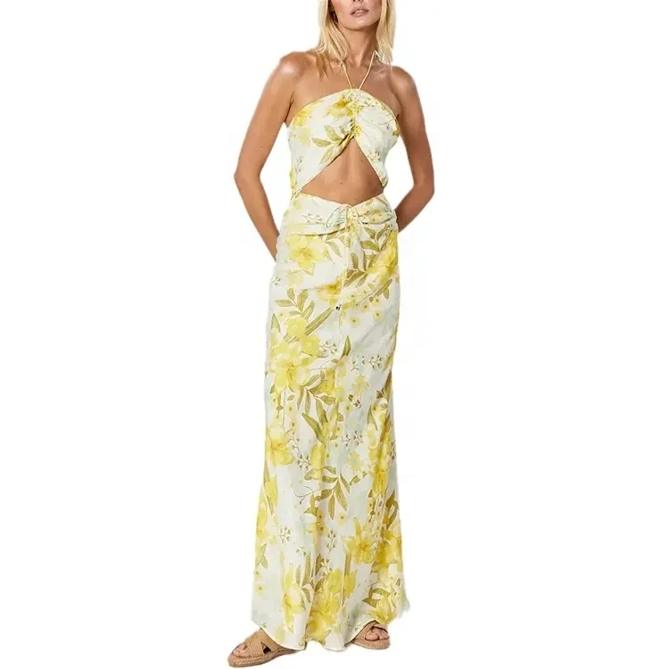 100% Linen yellow floral print hollow cut out halter mango maxi long woman dress fashion summer dresses new fashion western