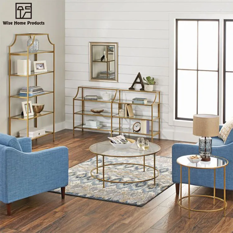 Modern 5 Shelf Vertical Tempered Glass Stainless Steel Gold Etagere Metal Bookcase