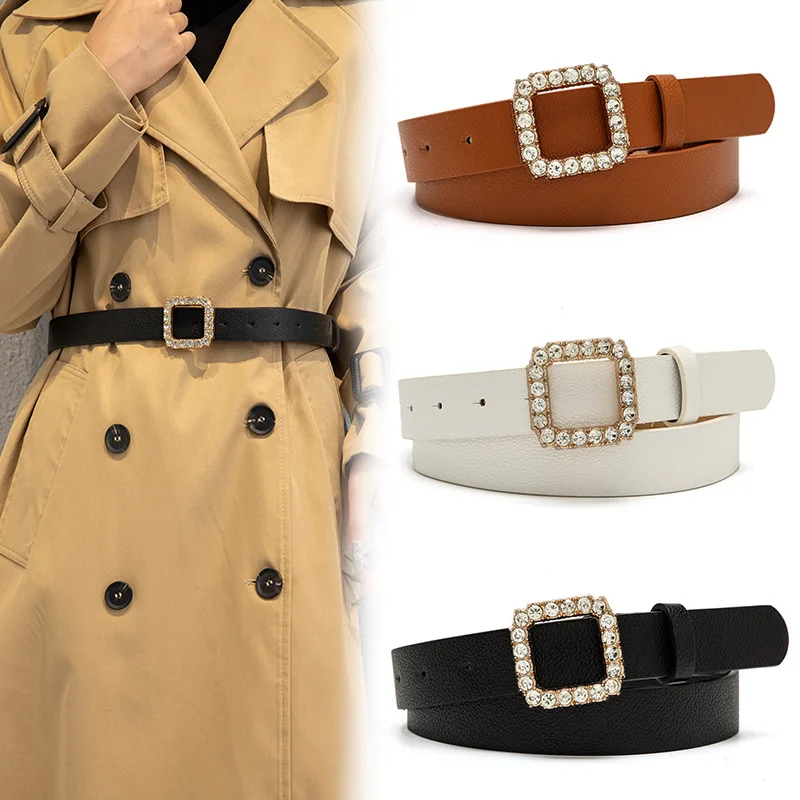 Fashion rhinestone square buckle belt women decorative windbreaker dress young student belt wholesale (1600384358500)