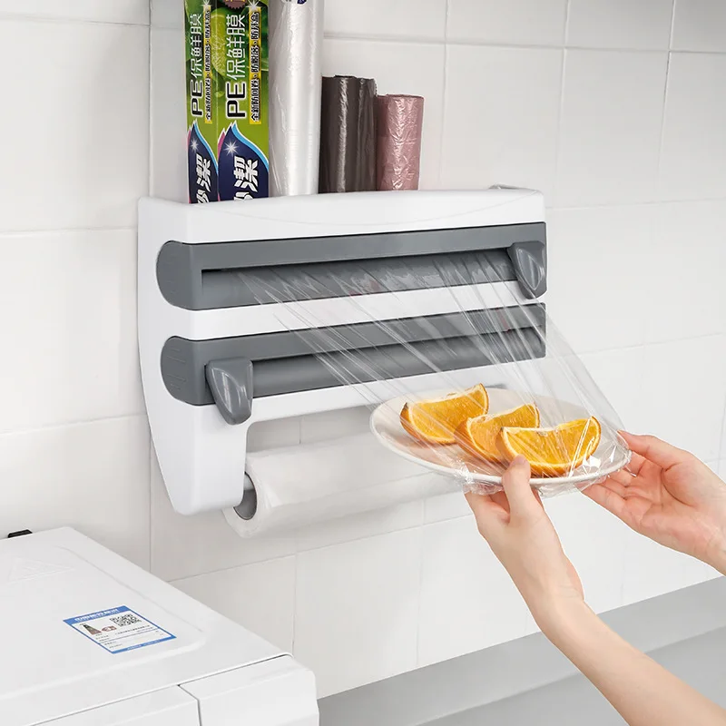 Multi-function Kitchen Shelf Paper Towel Holder Spice Storage Shelf Plastic Wrap Cutting Cling Film Slide Cutter