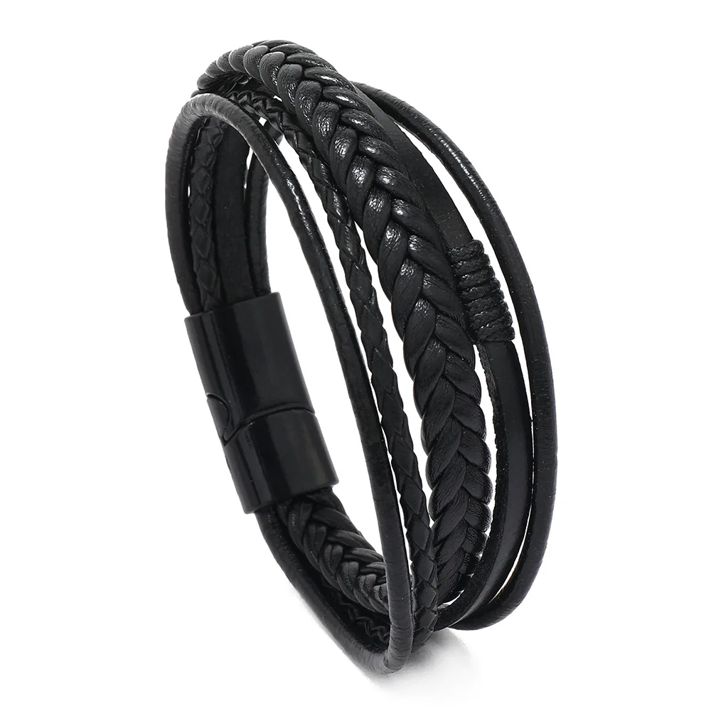 Wholesale Black Stainless Steel Magnetic  Handmade Genuine Wrap Bulk Titanium Woven Braided Multilayer Leather Bracelet for Men