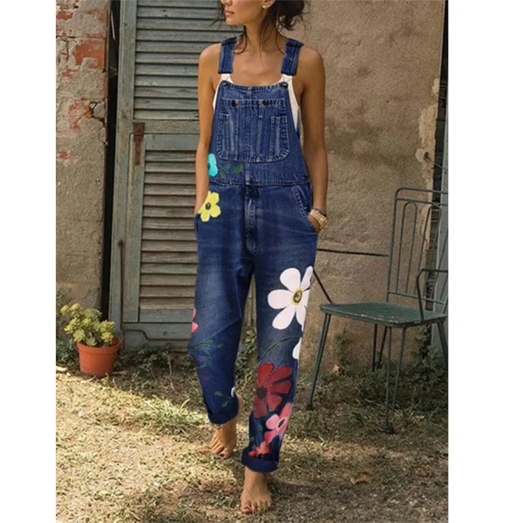 
2020 qzbaoshu Womens Floral Long Jeans Denim PocketS Ready Made Overalls Bib Pants 