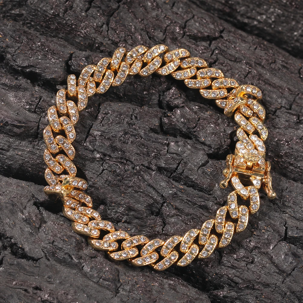 Hip Hop Alloy Rhinestones 9mm Cuban Link Chain Necklace Bracelets Cheap Rapper Jewelries for Men Women