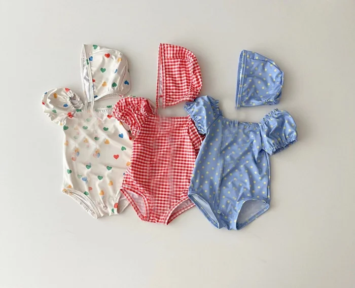 INS Newborn Baby Girls Swimsuit Summer Beach Romper Swimwear Costume With Hat Child Kids Bubble Sleeve Outfits Swimming Clothes