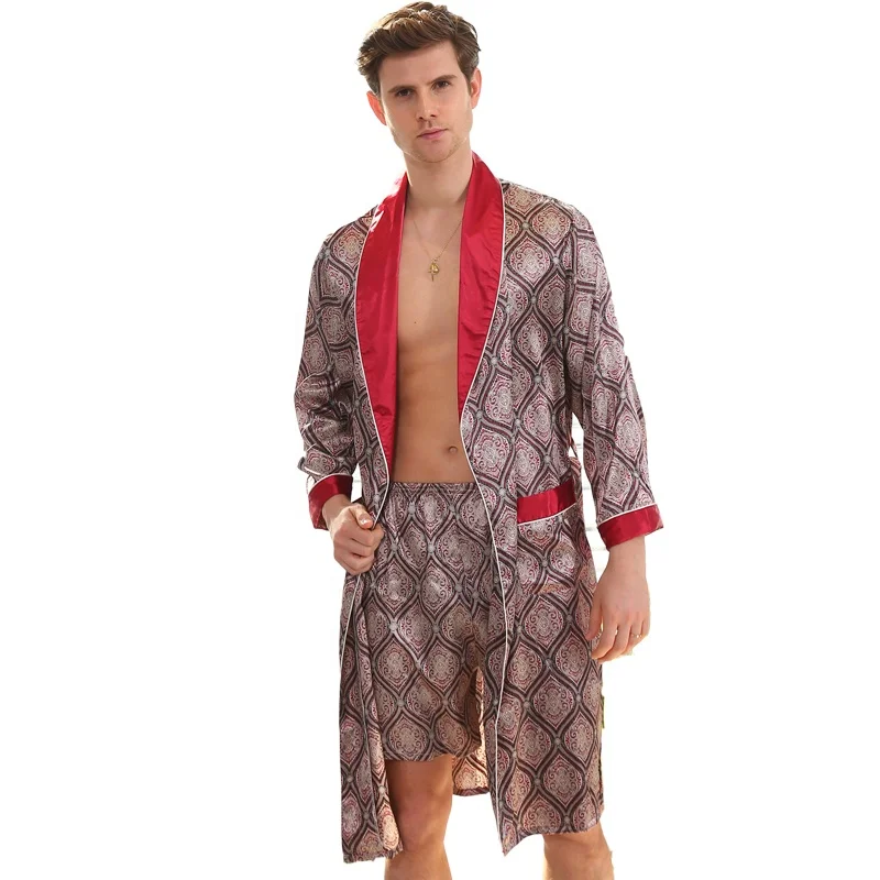 
Two piece silk robe set Luxurious satin bathrobe long sleeve pattern design pajamas for men 