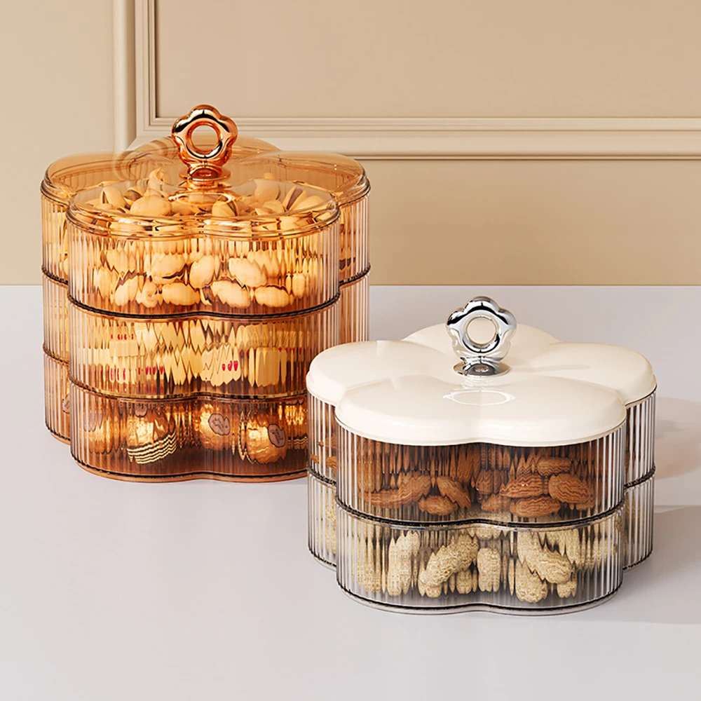 Multiple Tire Flower Shape Design Plastic Serving Platter Snack Tray with Lid for Biscuit Candy Nut Candy