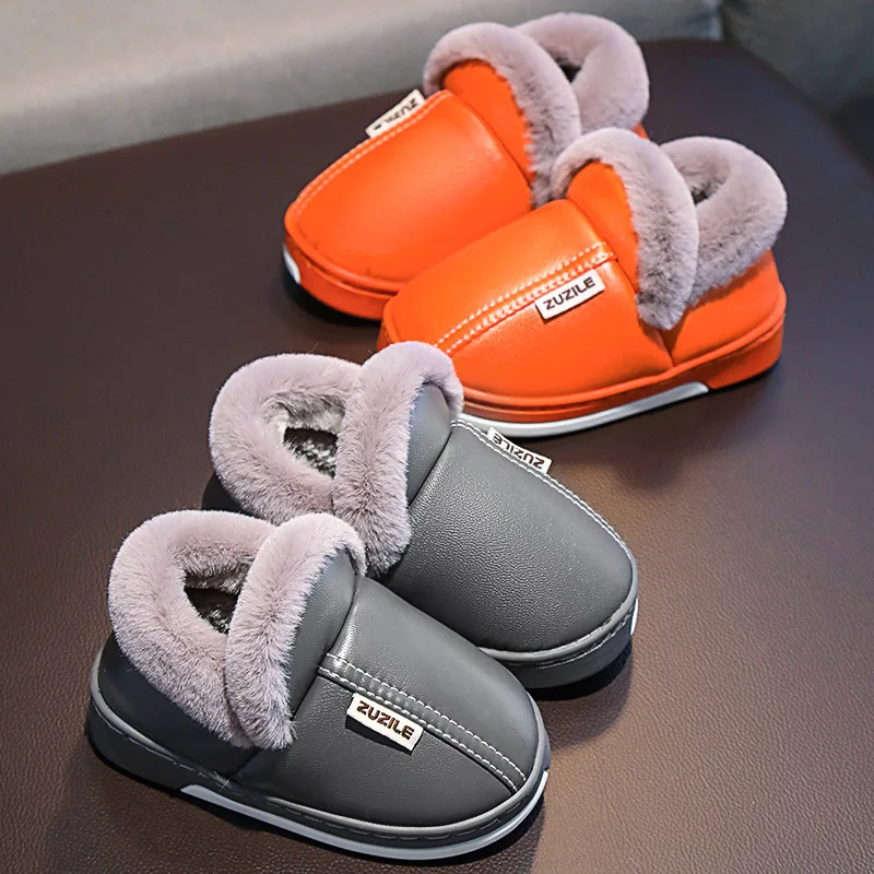 Winter Children Warm Shoes For Boy Girl Cotton Slippers PU Leather  Kid Non-slip Waterproof Shoes Fashion Home Warm Casual Shoes