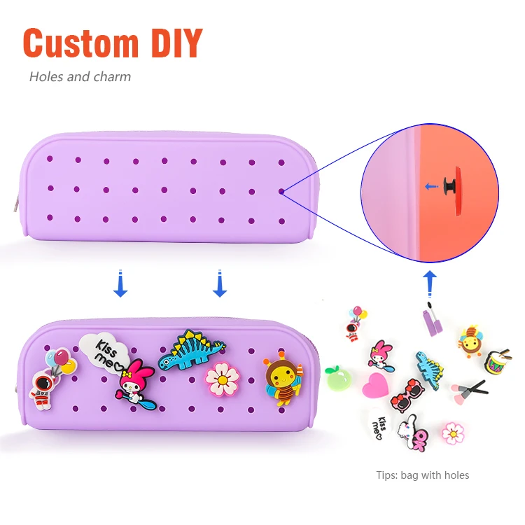 2024 Wholesale Novelty Silicone DIY Hole Penceil Box Children Candy Color Pencil Case
