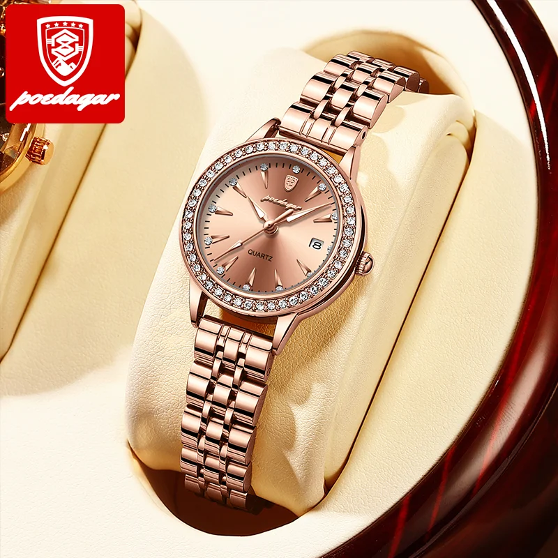 POEDAGAR Female Watch Rose Gold Luxury Brand Diamond Ladies Wristwatch Waterproof Stainless Stain Date Quartz Watches For Women