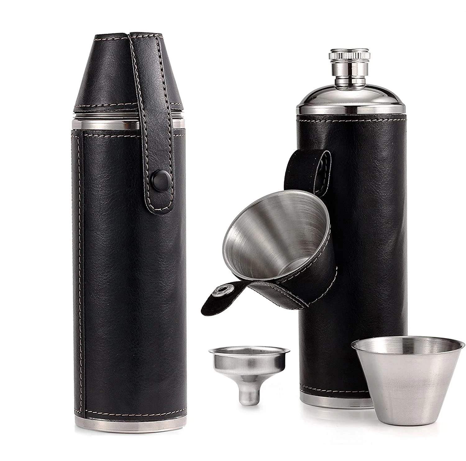 Stainless Steel Cylinder 10oz  Hip Flask Leather Wrapped  Cylindrical Hip Flask with Cup