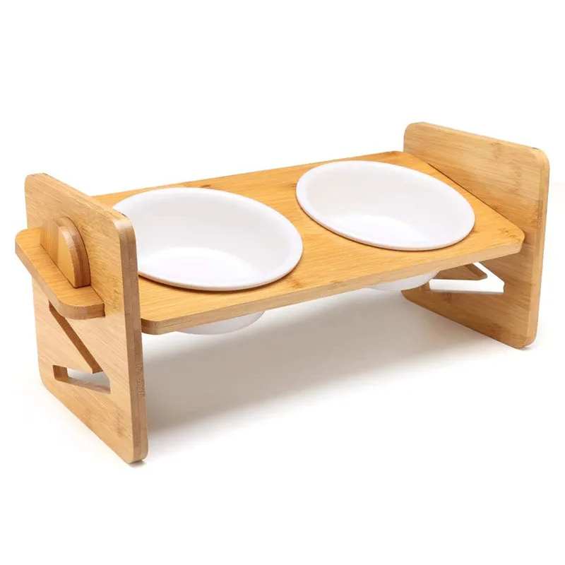 The popular wooden pet feeding rack has adjustable height and easy to remove and assemble clasp