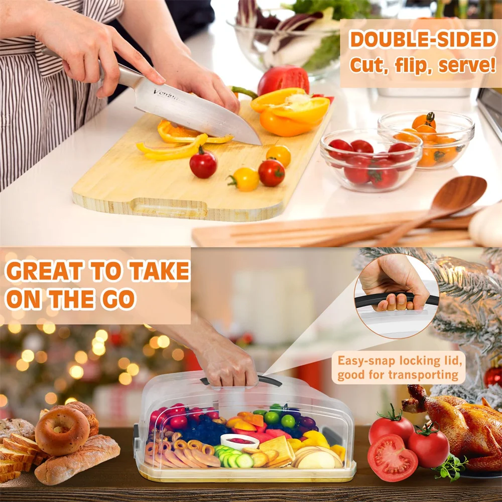 Custom Bamboo Charcuterie Board with 6 Built-in Compartments and Clear Locking Lid for Travel Picnic