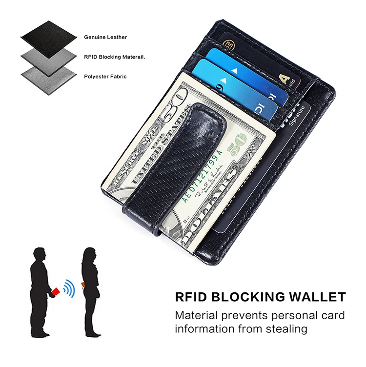 
Custom logo multi function wholesale luxury carbon fiber genuine leather men slim card holder wallet leather money clip for gift 
