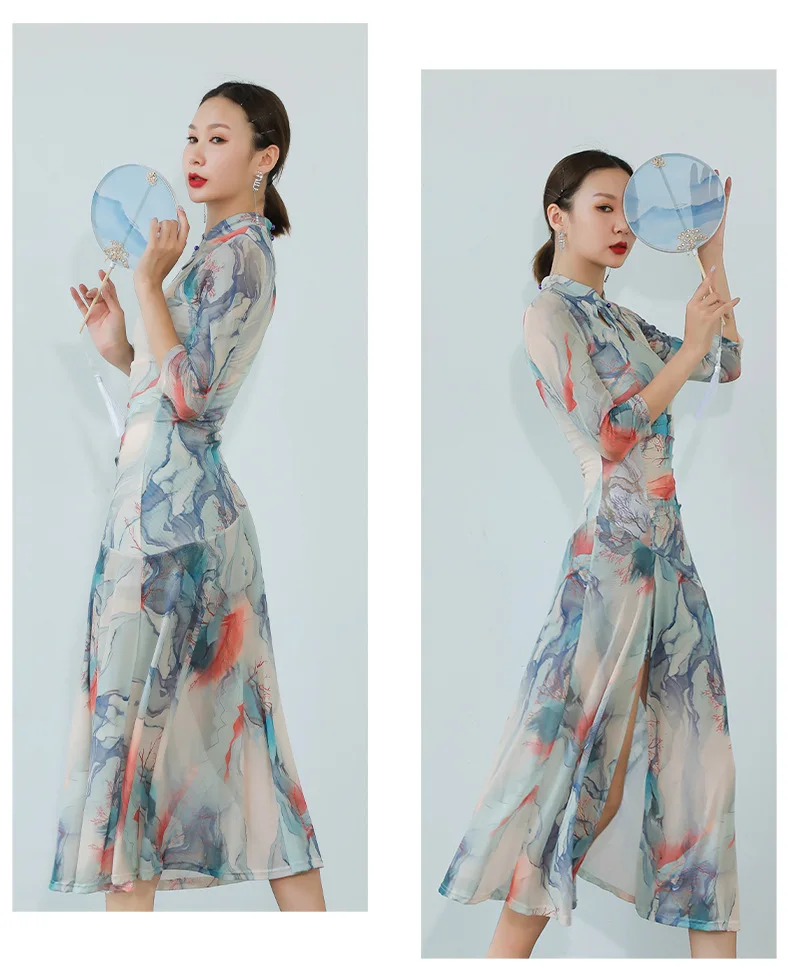 Wholesale New Chinoiserie colored ink wash high split Oriental belly dance performance cheongsam dress
