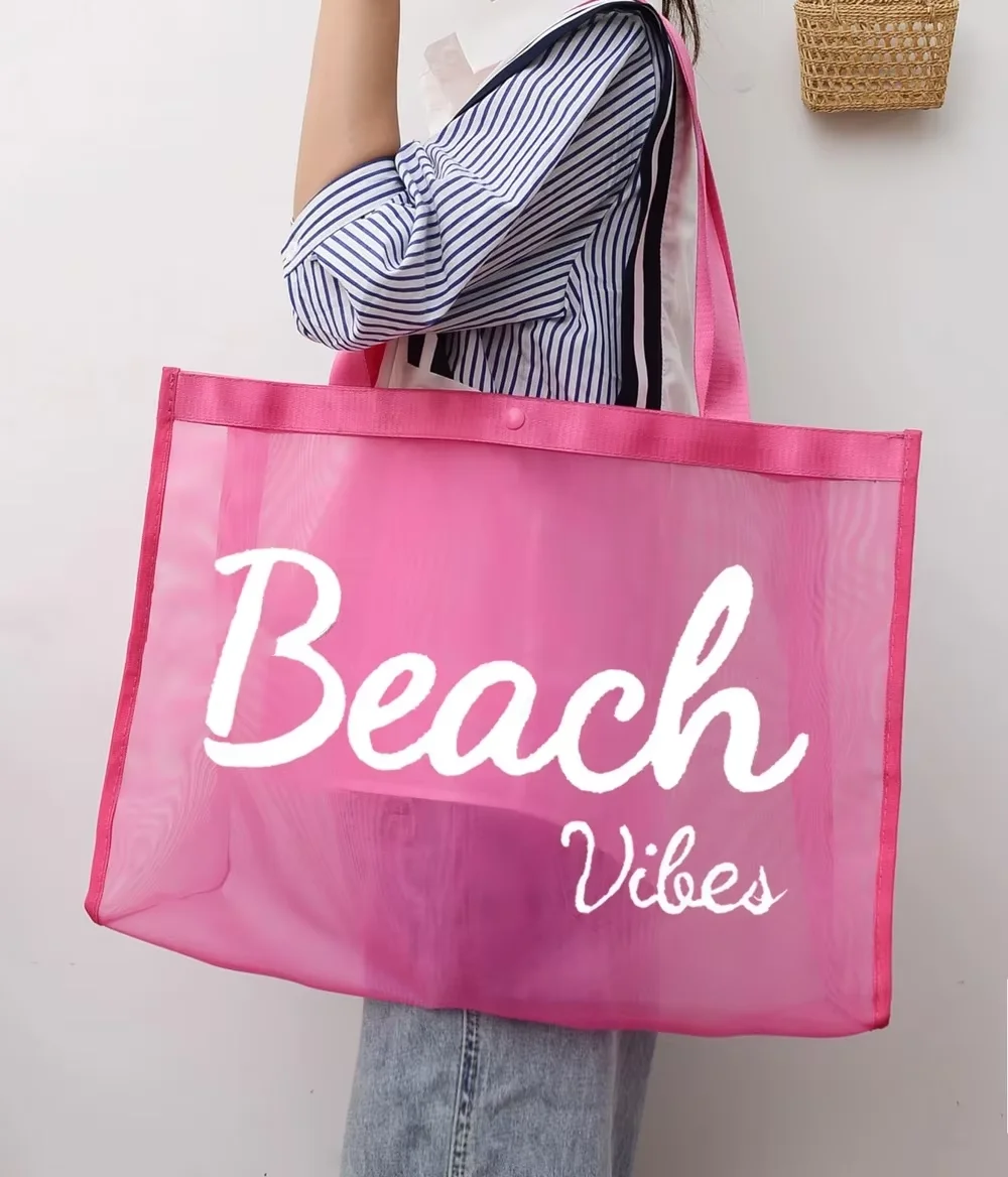 custom logo large capacity reusable nylon wire mesh shopping tote bag Pink Mesh Beach Bag