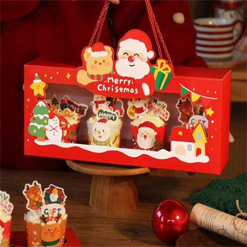 Creative Design Christmas Santa Pattern Paper Muffin Cake Packaging Box Bakery Cupcake Favor Box With Gold Rope