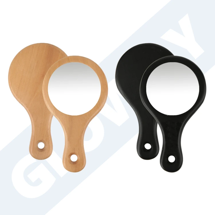 Custom Logo Small Portable Wood Makeup Mirror Handle Round Cosmetic Mirror Wooden Handheld Mirror With Customized Your Package