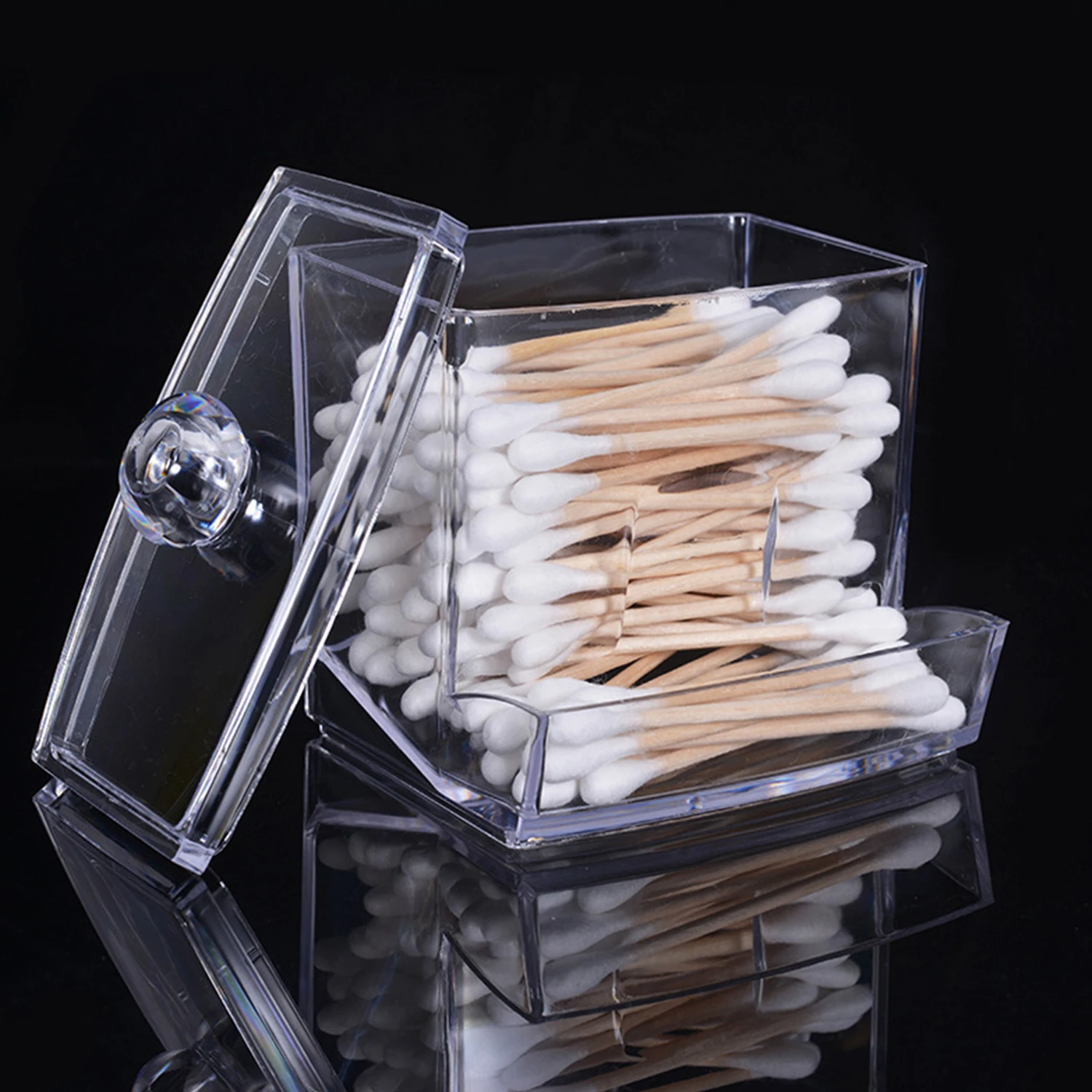 Cotton Ball Swab Holder Organizer Storage Box with lid Acrylic Round Cotton qtip dispenser