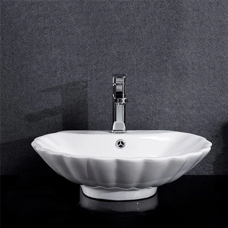 European Single Sink Shell Shape Vessel Sink White Ceramic Counter Top Wash Basin Design