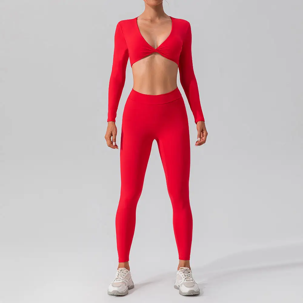 Joyyoung Wholesale 2 Piece High Waist V Back Leggings with Sexy Tops Sportswear Workout Clothing Gym Fitness Sets for Woman