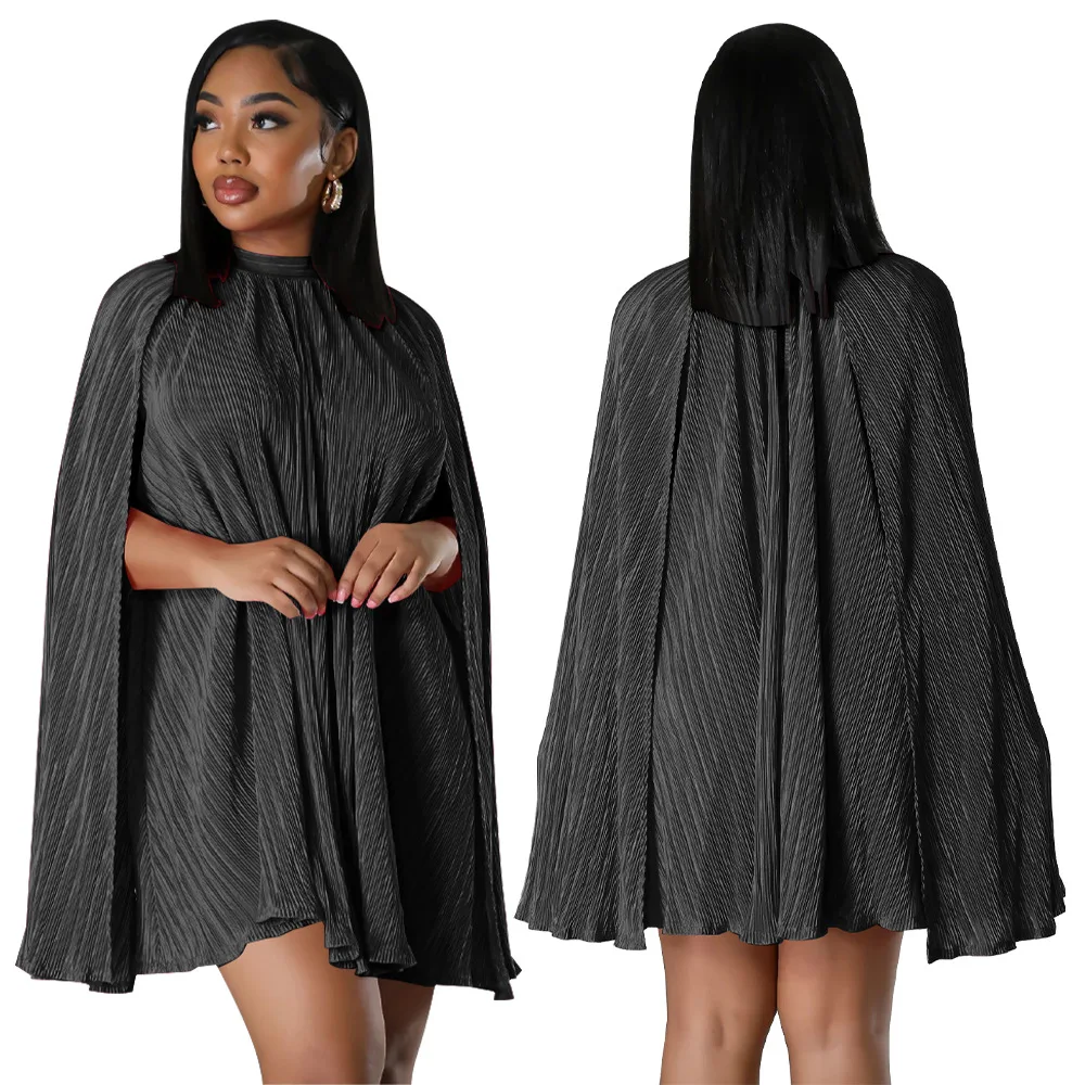QuiteS 2024 New Solid Color Pleated Cape Sleeve Dress Women Party Dresses Long Evening Elegant