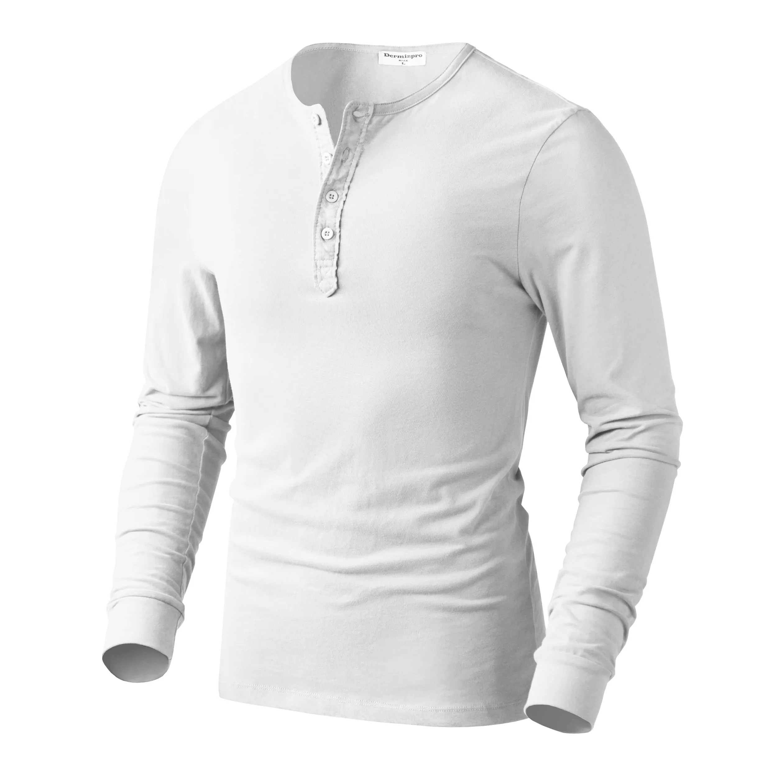 Customized logo label 100% cotton fabric V neck 4 button plackets mens long sleeve t shirts
