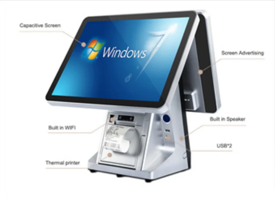  15 дюймов двойные экраны intel core i3 i5 i7 windows 10 Встроенный 80 мм 58 принтер pos