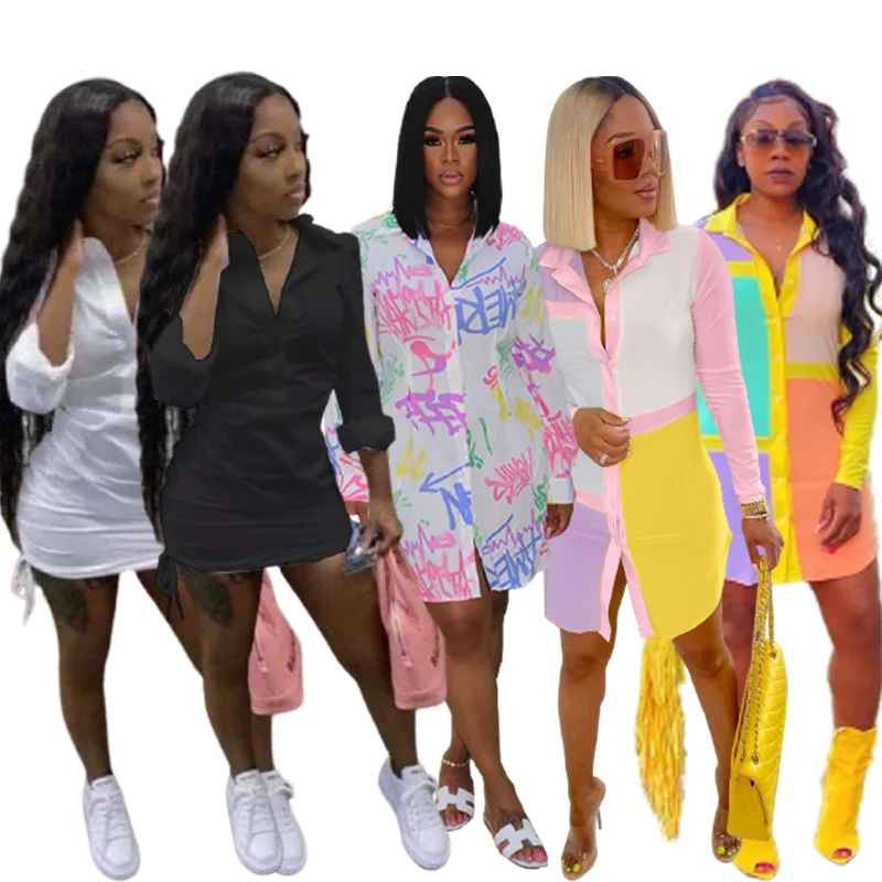 
2021 Summer Dress Women Clothing Ladies Polo Collar Long Sleeve Casual Dresses Women Color Block Shirt Dress 