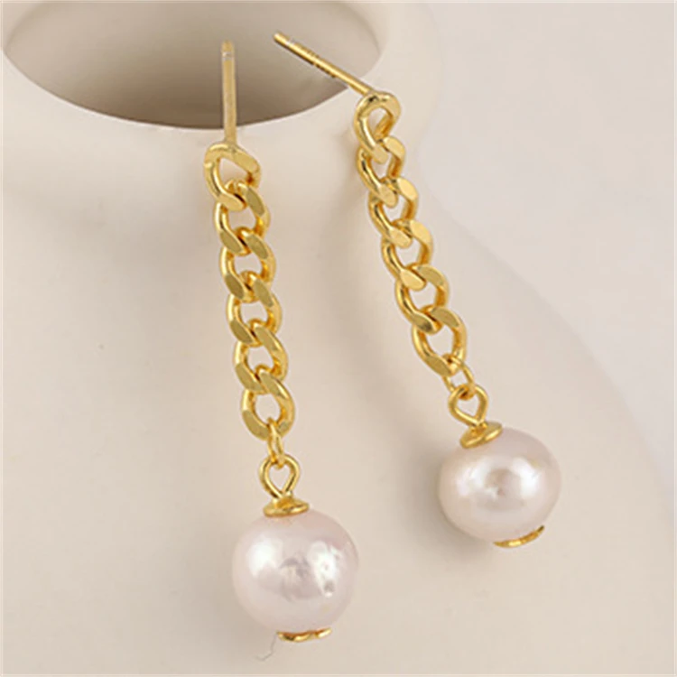 Female Trend Baroque Freshwater Real Pearl Long Chain Earrings 925 Sterling Silver 18K Gold Plated For