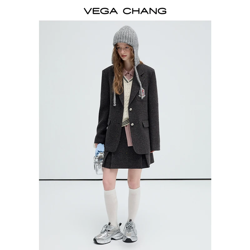 VEGA CHANG 2024 Suit Collar Wool Blend Vintage Preppy Suit Jacket Woolen Coat